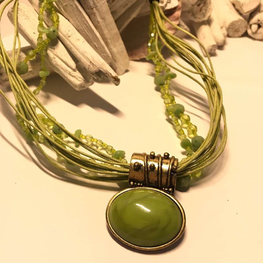Green Cabochon , Bead and String Multi-Strand